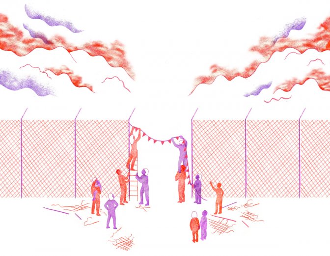 Illustration d'un article intitulé "Vive l'immigration" : on voit près des grillages d'une frontière, des personnes en train d'accrocher des drapeaux de guinguette devant un morceau de grillage ouvert, suggérant ainsi l'organisation prochaine d'une fête où migrants et accueillants passeraient un chouette moment ensemble.